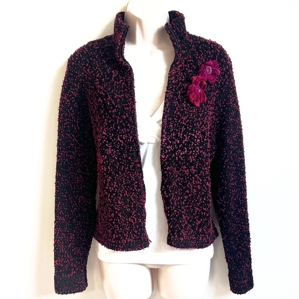 Doncaster Vintage Textured Floral Zip Front Cardigan Sweater Black Pink Large